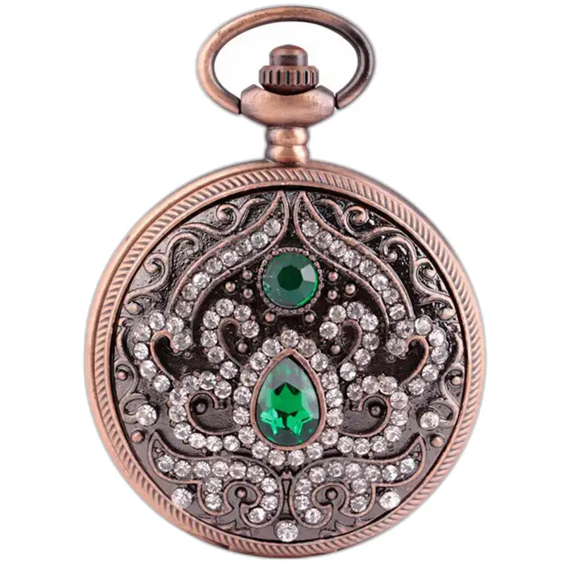 Montre Collier à Quartz ornée de pierres précieuses vertes et bronze élégant