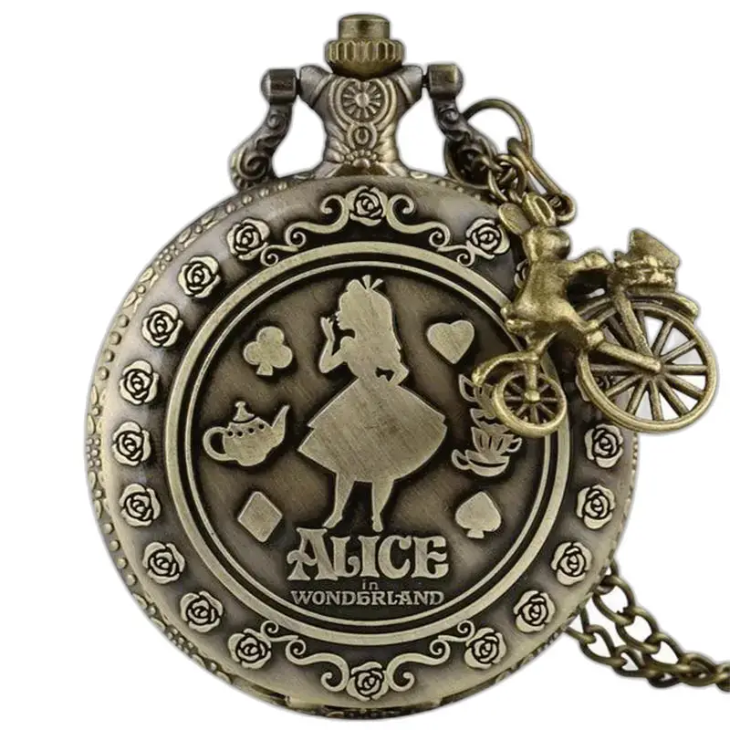 Montre collier Alice Vintage avec montre à gousset et charme de lapin sur vélo