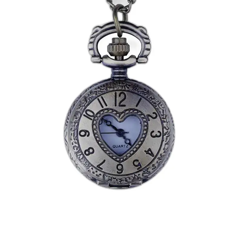 Montre Collier Antique Coeur Vintage Argent Bronze avec chaîne en forme de cœur