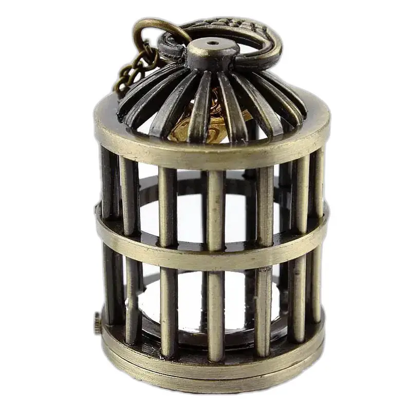 Montre collier Araignée Bronze avec bracelet acier et pendentif cage à oiseaux bronze