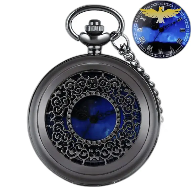 Montre Collier Argent Demi Chasseur avec Cœur Bleu et chaîne ornée élégante