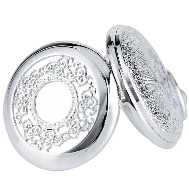 Montre Collier Argent Demi Chasseur Cœur Bleu avec un élégant cadran argenté