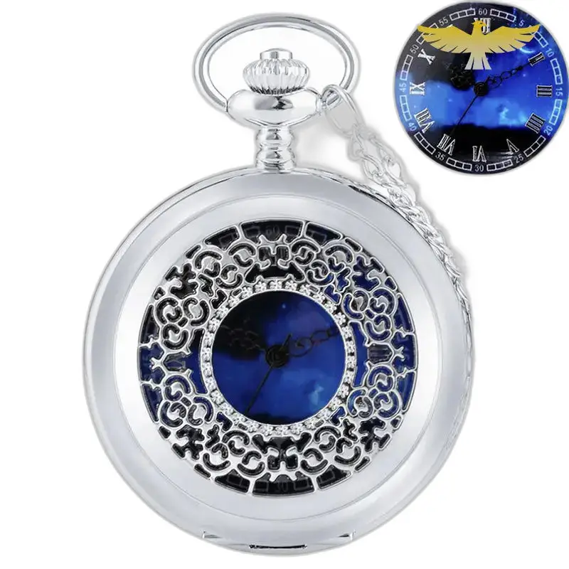 Montre Collier Argent Demi Chasseur avec cadran bleu et design cœur bleu élégant