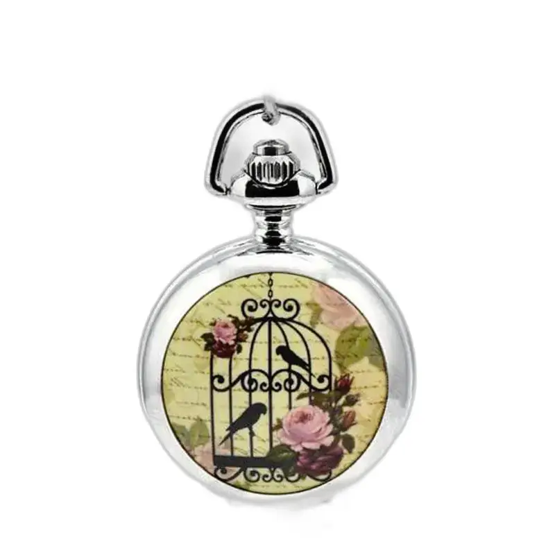 Montre Collier Bird Poetry Argent Fantasy avec design de cage à oiseaux en argent
