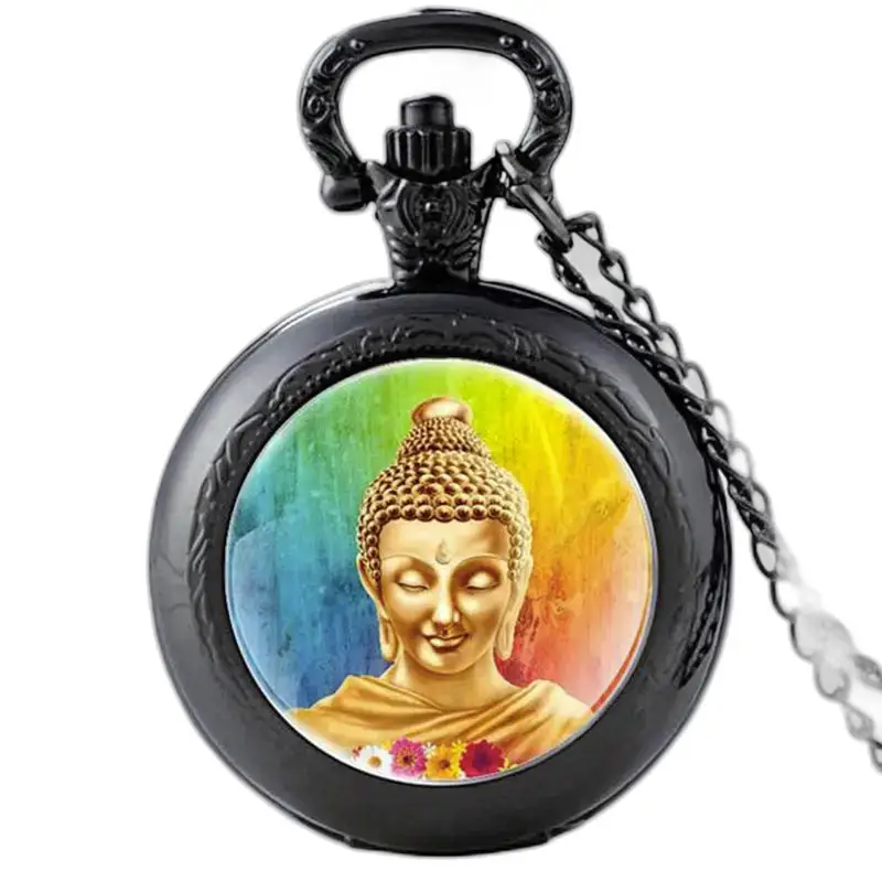 Montre Collier Bouddha Zen Vintage Aquarelle avec image de Bouddha sur fond noir