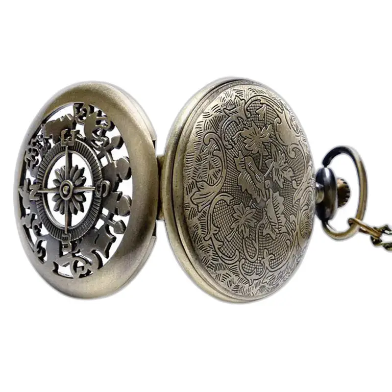 Montre Collier Boussole Vintage Style Homme Femme avec une montre de poche en bronze ornée