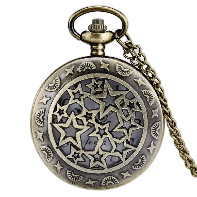 Montre Collier Bronze avec motif étoilé et chaîne, style rétro féminin