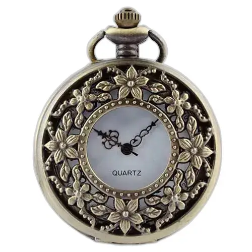 Montre Collier Bronze Fleur Vintage Femme avec gravures florales en bronze