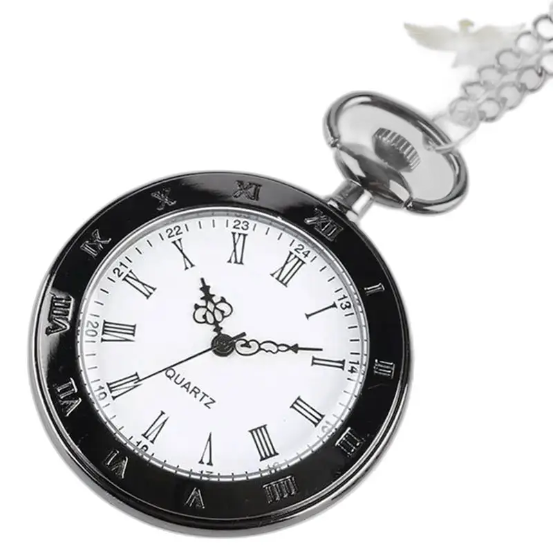 Montre collier classique Vintage Noir Femme Homme avec chaîne et cadran en argent