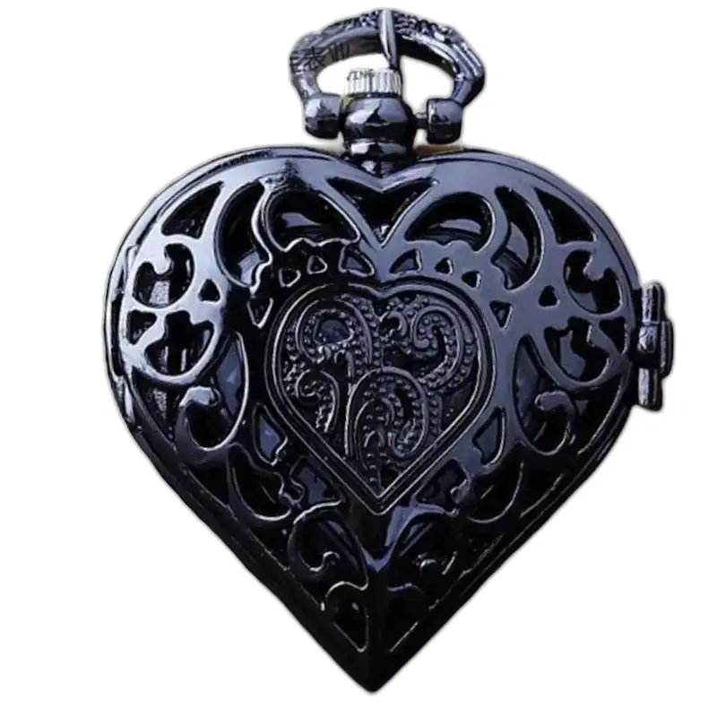 Montre Collier Coeur Vintage Argent Bronze avec un design en filigrane noir élégant