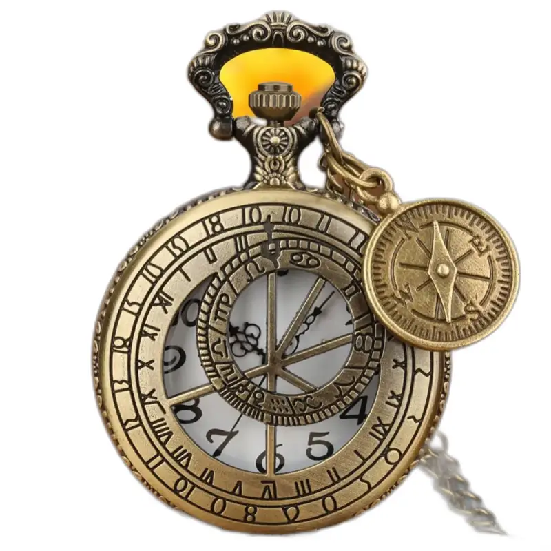 Montre Collier Compas en bronze ornée avec charm de boussole et montre à quartz