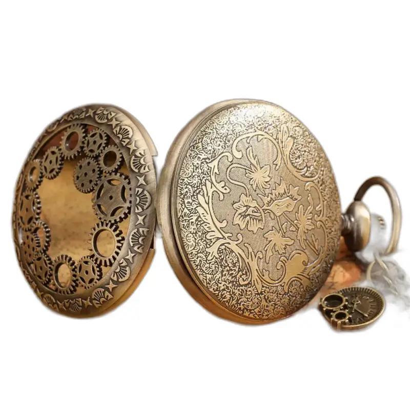 Montre Collier Femme Steampunk Quartz Stripped Wheel Argent montre coller en bronze ornée