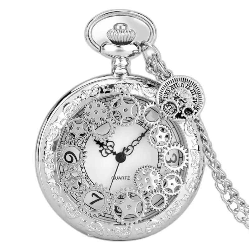 Montre Collier Femme Steampunk Quartz Stripped Wheel Argent avec un design vintage