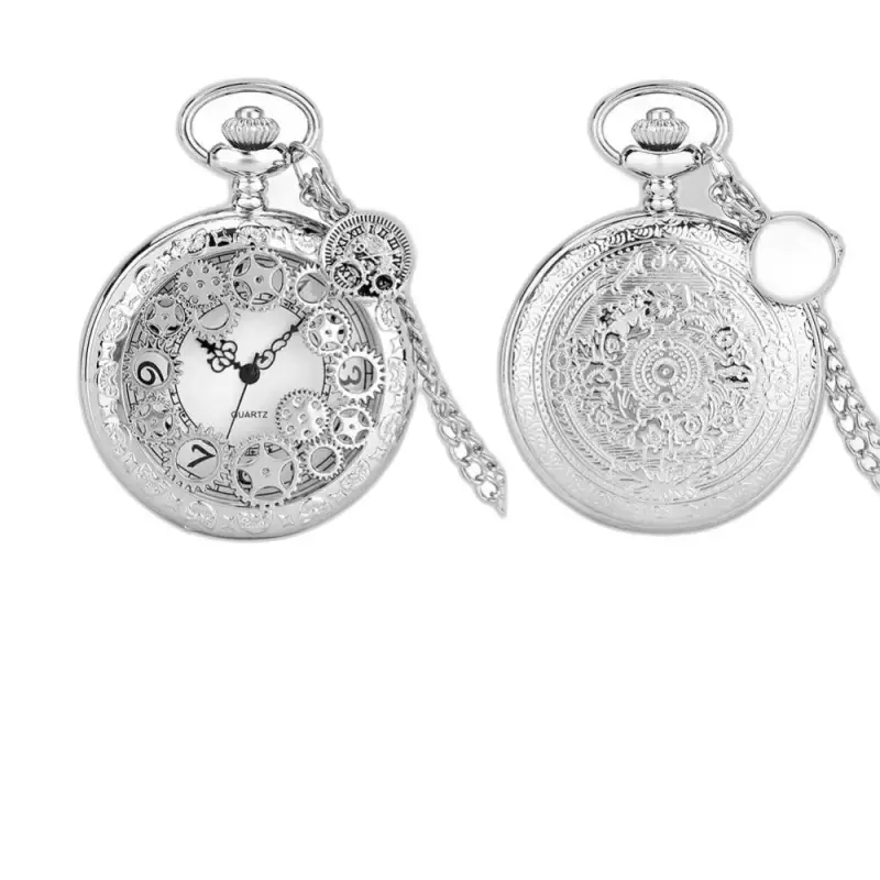 Montre Collier Femme Steampunk Quartz Stripped Wheel Argent élégante en argent