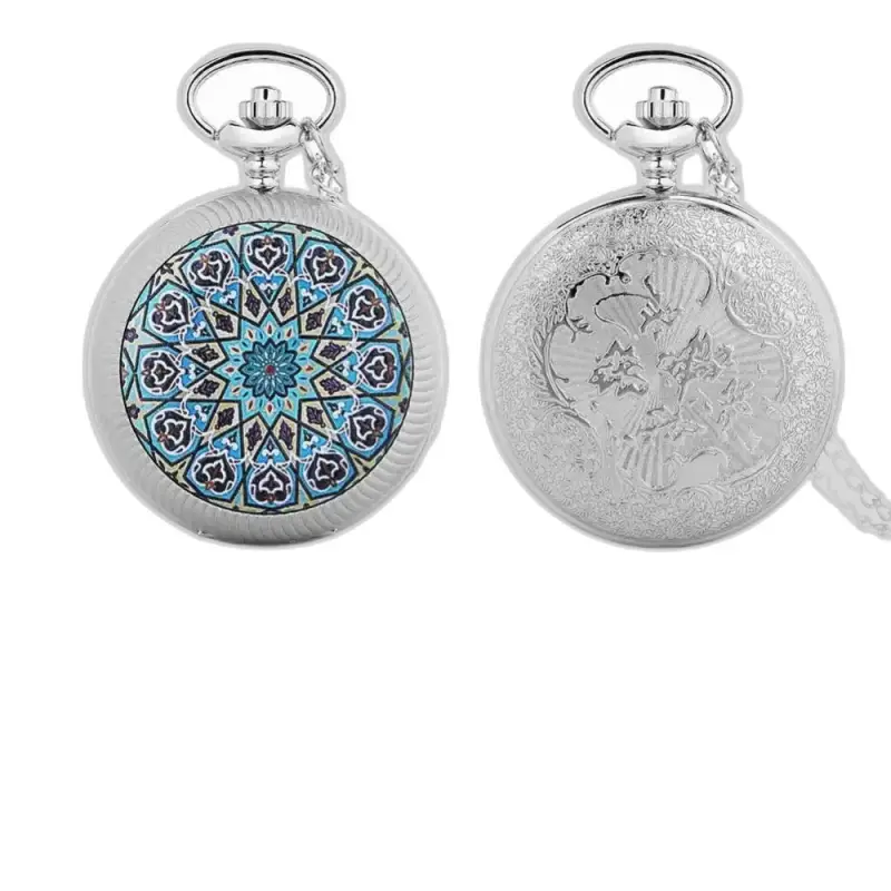 Deux montres pocket argentées avec un collier Fleur Chic Mandala Bleu