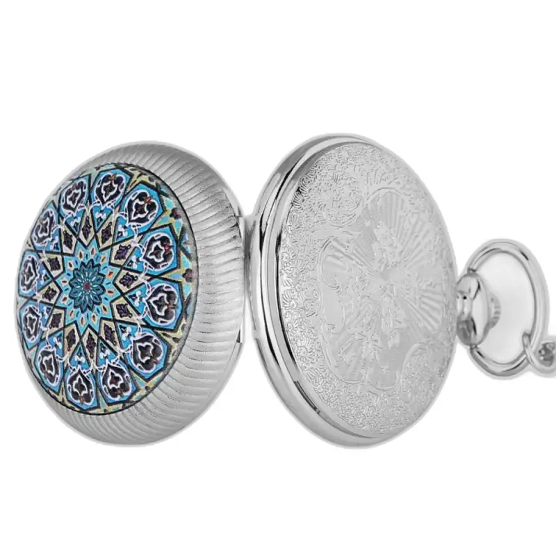 Montre Collier Fleur Chic Mandala Bleu avec une magnifique montre à gousset argentée