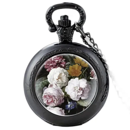 Montre Collier Fleurs Charmeuses Vintage Femme Homme avec horloge florale noire