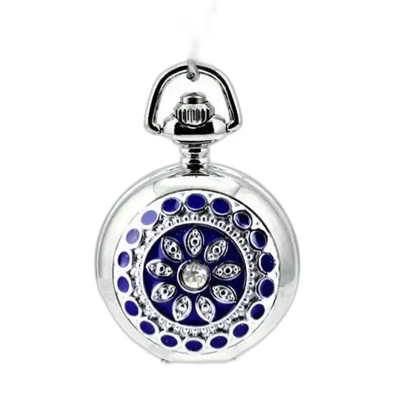 Montre Collier Harmonie avec design floral bleu sur montre pocket en argent