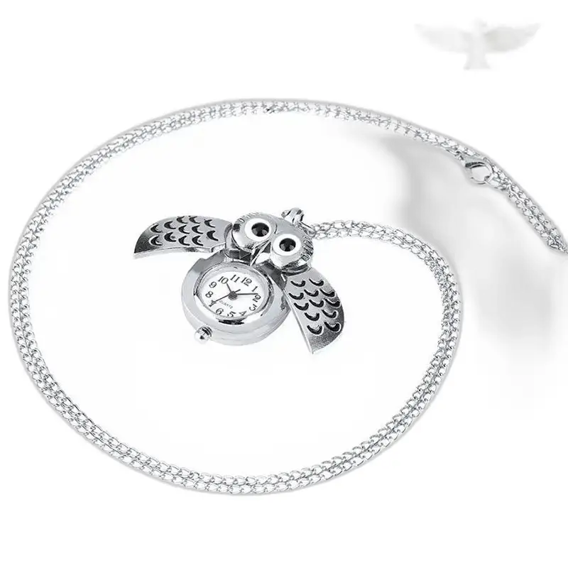 Montre Collier Hibou Vintage Femme Argent Bronzed avec chaîne et cœur en forme de hibou