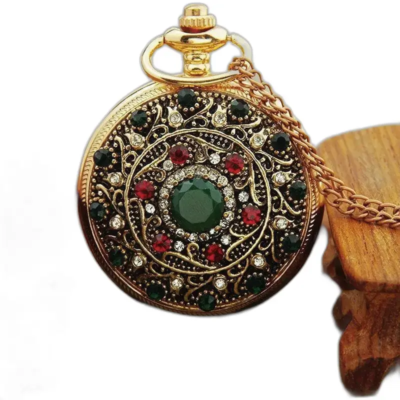 Montre Collier Jeweled Chic Femme Or, montre collier avec montre en or ornée de bijoux colorés