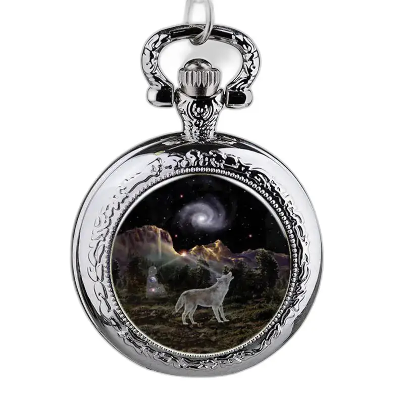 Montre collier loup en acier inoxydable argent avec scène de loup et galaxie