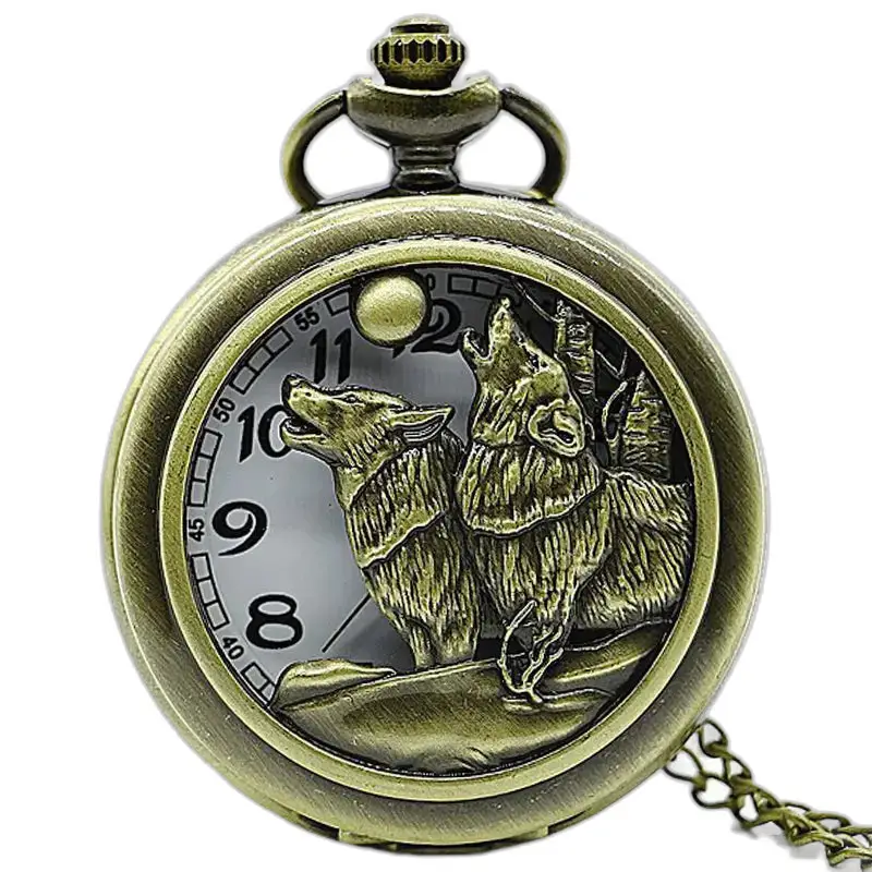 Montre Collier Loups Pleine Lune Vintage avec montre collier en forme de loup en bronze