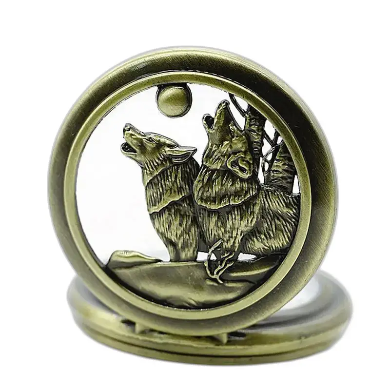 Montre collier Loups Pleine Lune Vintage avec un design de loup en bronze