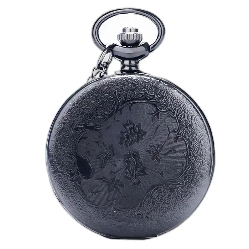 Montre Collier Mécanique Style Pendentif Or Argent Noir avec gravure florale noire