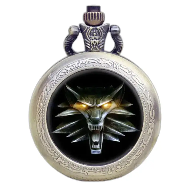 Montre collier Metallique Loup à Gousset Bronze avec clapet protecteur orné de loup