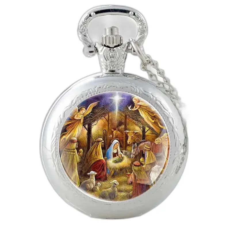 Montre collier vintage avec une scène de crèche dans un élégant design féminin