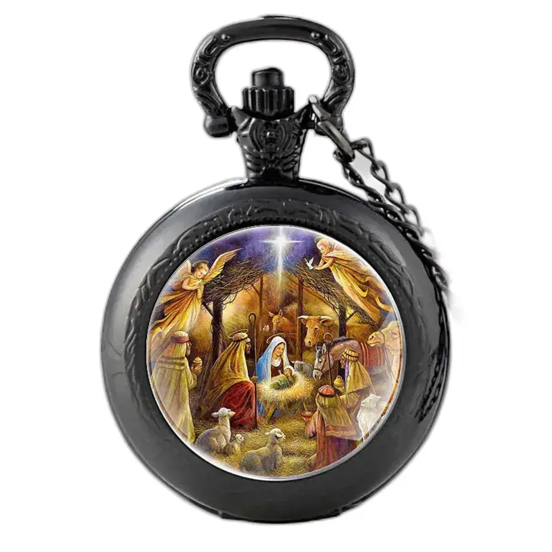 Montre collier Naissance de Jésus Vintage Femme avec scène de crèche dans montre noire
