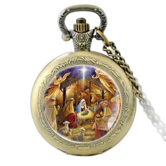 Montre collier Naissance de Jésus vintage femme avec scène de Nativité
