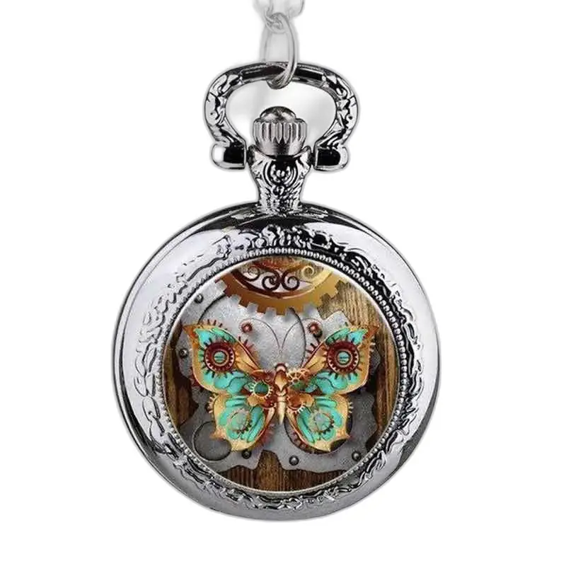 Montre Collier Papillon Ambre et Turquoise design steampunk avec papillon