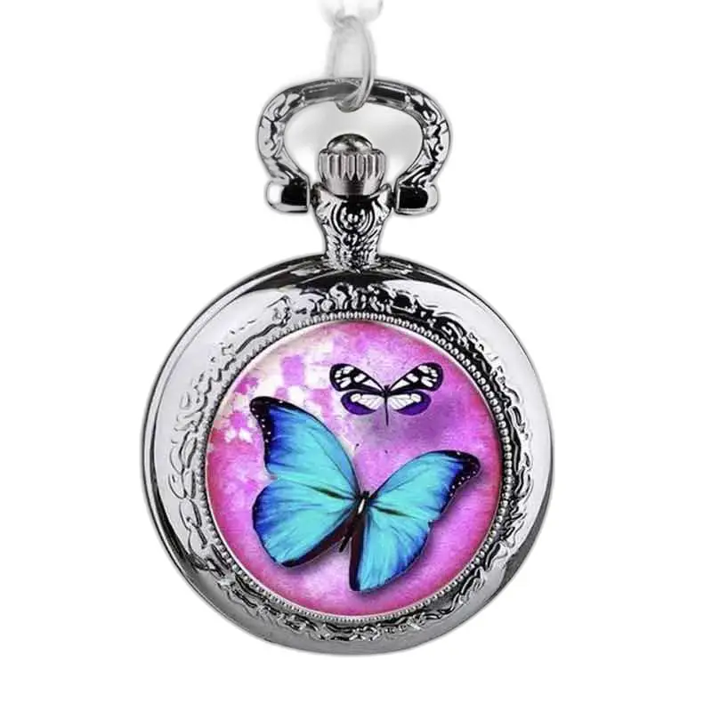Montre Collier Papillon Rose et Bleutée avec design de papillon en argent