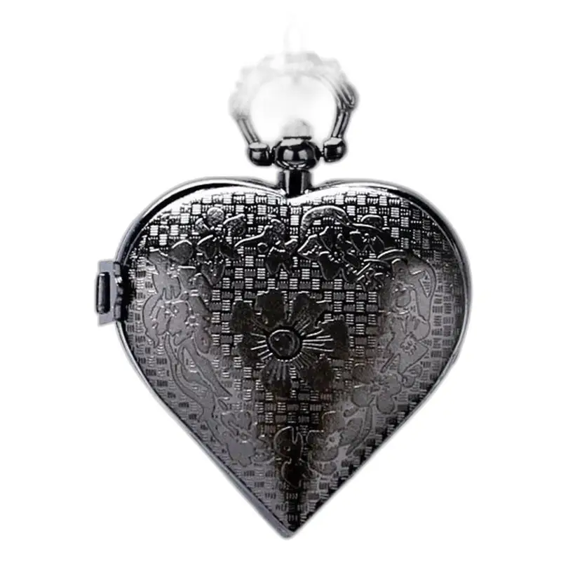 Montre Collier Pendentif Cœur Argent Noir, montre collier en métal gravé floral