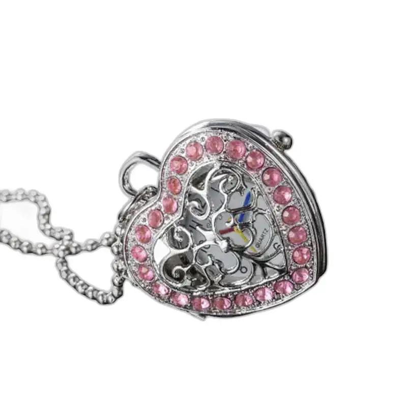 Montre collier pendentif en cœur ornée de diamants rose et pierres rhinestones