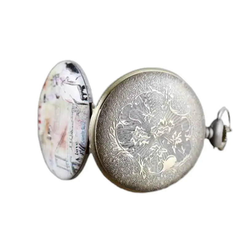 Montre Collier Pendentif Fleurie avec cadran transparent et gravure florale en argent