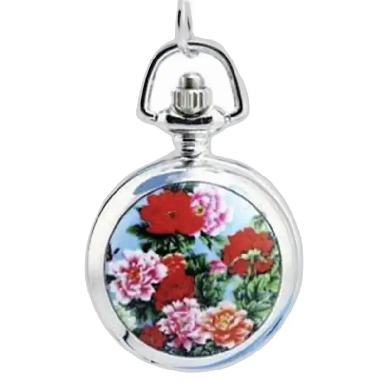 Montre collier pendentif en acier inoxydable avec motif de fleurs colorées