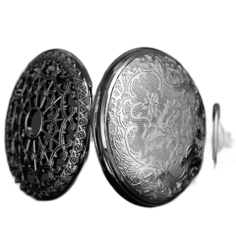Montre Collier Quartz Noir Femme Steampunk avec un élégant pocket watch ouvert
