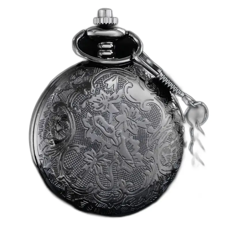 Montre Collier Quartz Noir Femme Steampunk avec une montre de poche en argent ornée