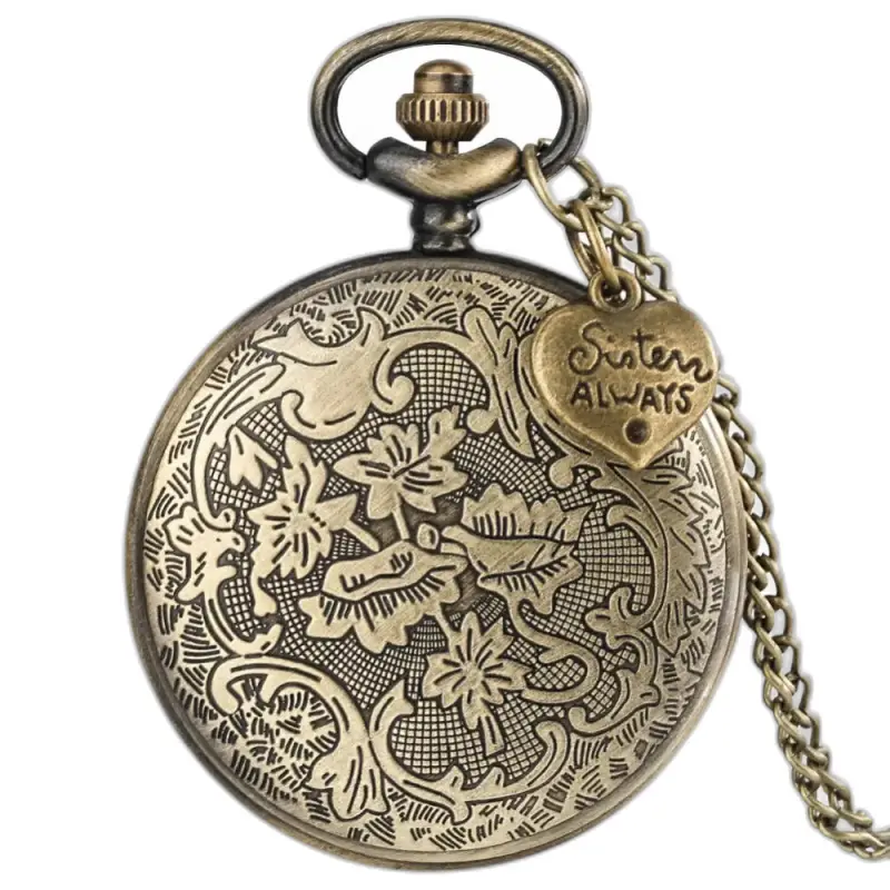 Montre Collier Quartz Retro Coeur Bronze avec un charme en cœur étincelant