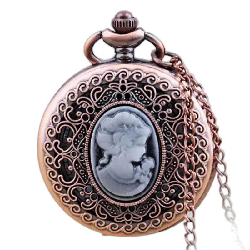 Montre Collier Quartz Vintage Femme Bronze avec montre collier ornée de camée