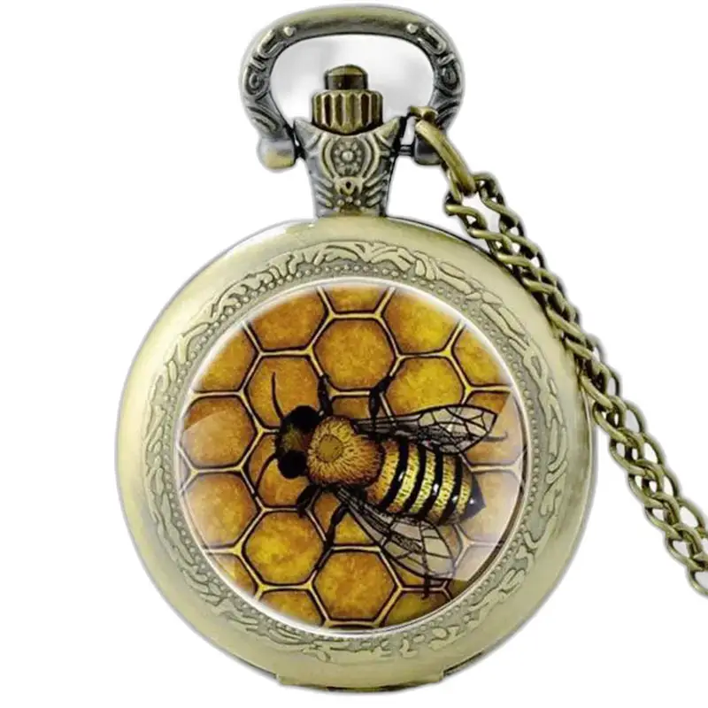 Montre Collier Reine des Abeilles Vintage en bronze avec design abeille et rayons de miel