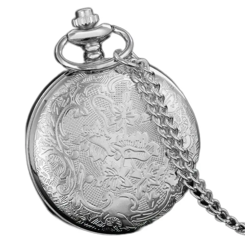Montre collier Romantic Royal Bleu Argent Femme avec chaîne et motif floral en argent