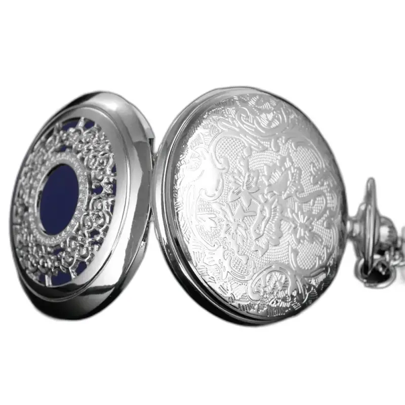 Montre collier Romantic Royal Bleu avec gravure florale en argent