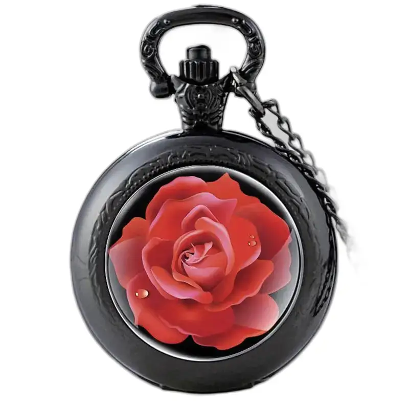 Montre collier rose rouge vintage avec montre à gousset noir et rose rouge