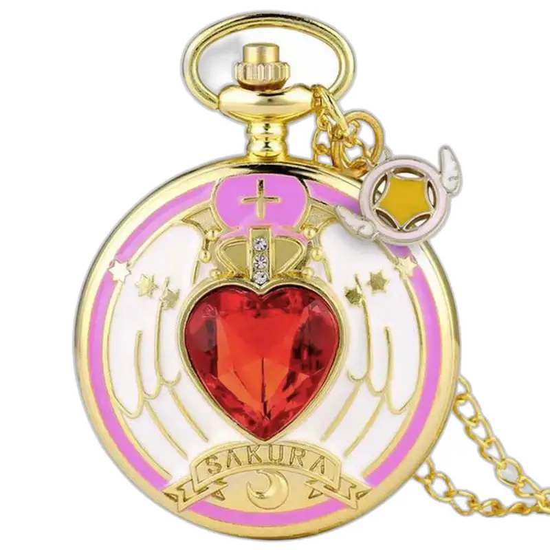 Montre collier Sakura vintage avec montre en or, accents roses et charme étoile ailée