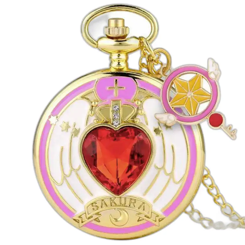 Montre Collier Sakura Vintage en or avec breloques cœur et bâton magique