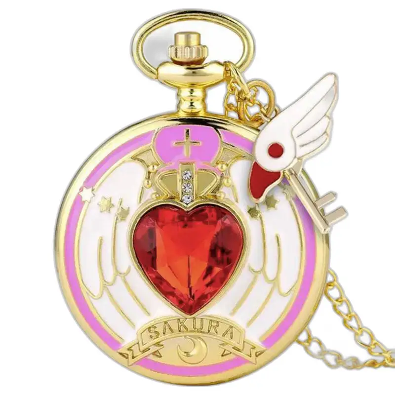 Montre Collier Sakura Vintage avec montre en or et gemme rouge en forme de cœur