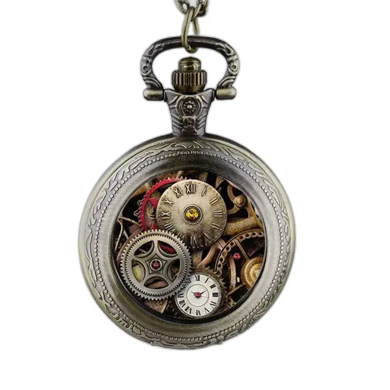 Montre Collier Steampunk Argent Vintage avec engrenages visibles et style rétro